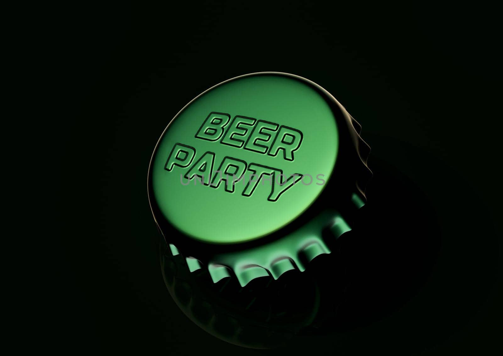Beer bottle green cap with beer party embossed lettering. 3D rendering illustration by clusterx