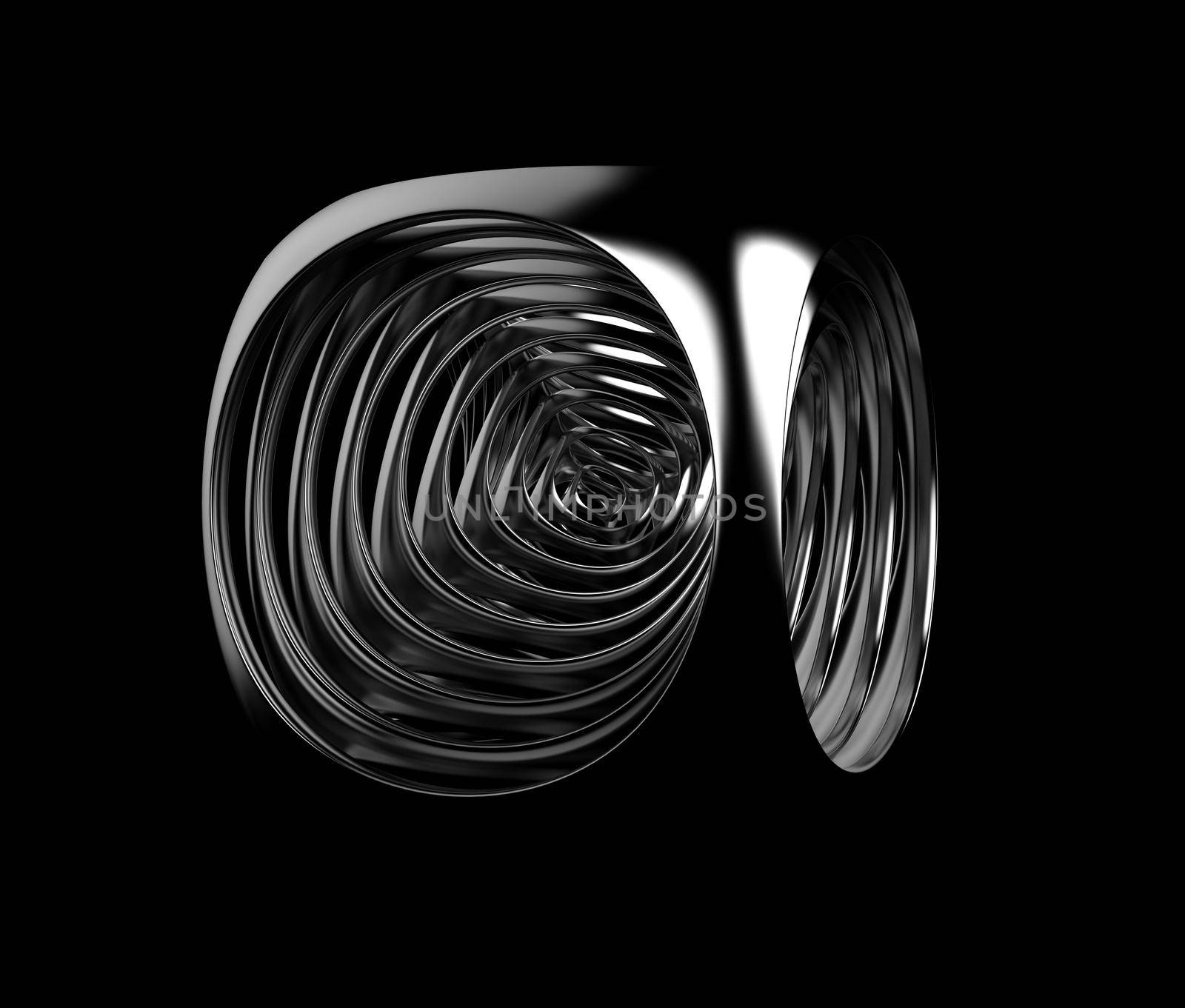 Black and white cubic abstraction. Repeating silver fillet cubes scaling down in size. Digital art, 3D rendering illustration