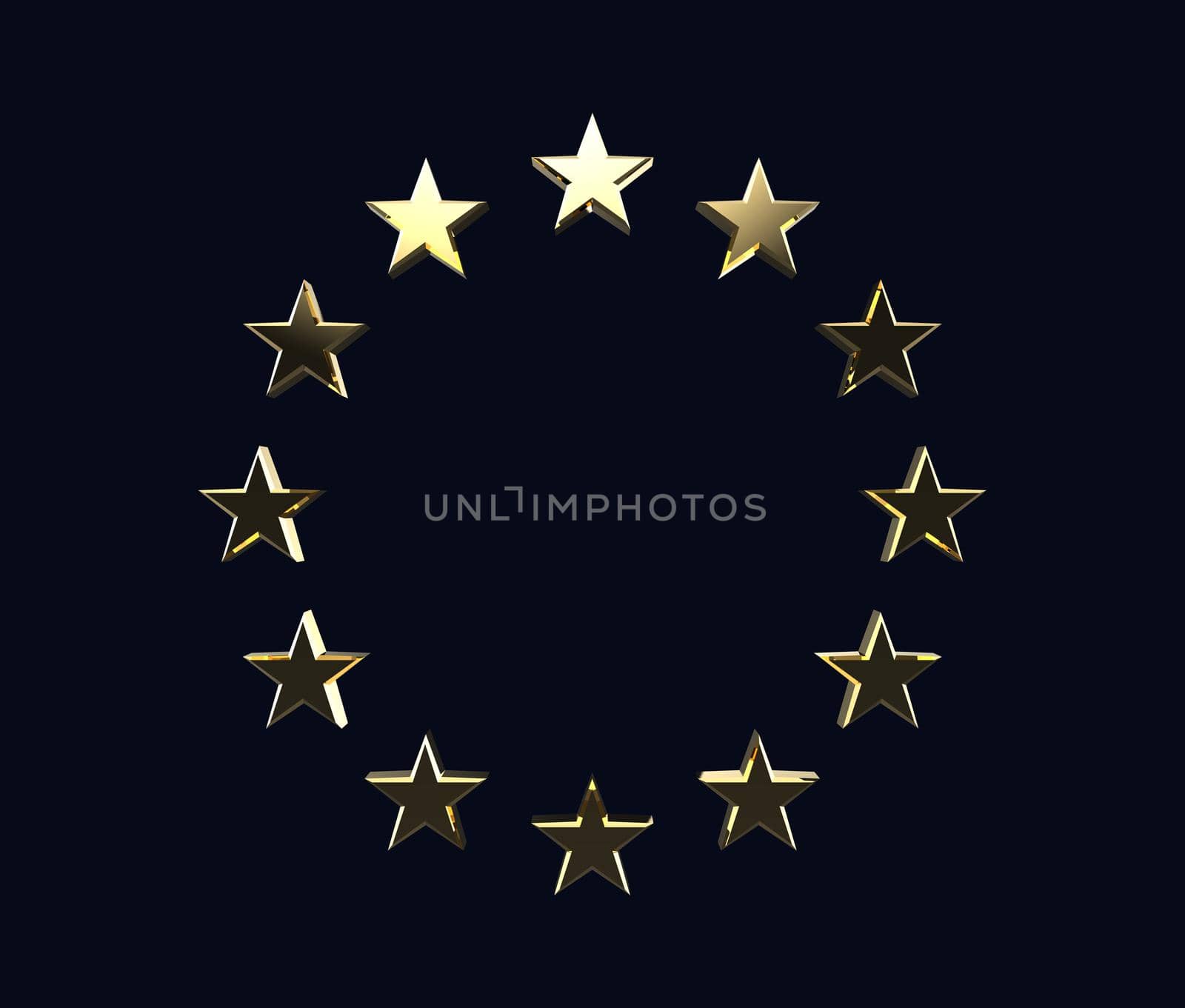 Golden metal European Union logo stars on dark blue background. 3D rendering illustration