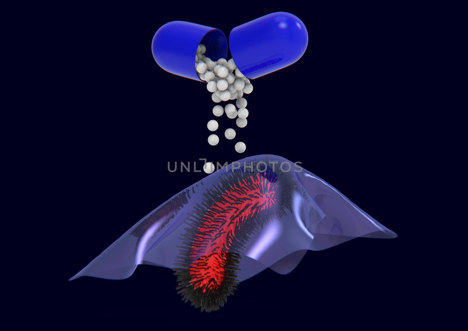 Abstract pathogen bacterium resistant to antibiotic under biofilm. Antibiotic spills out of the pill capsule. Medical 3D rendering illustration isolated on blue background