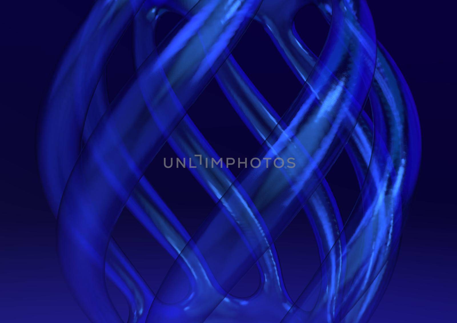 Abstract blue glass transparent twisted tubes on blue background by clusterx