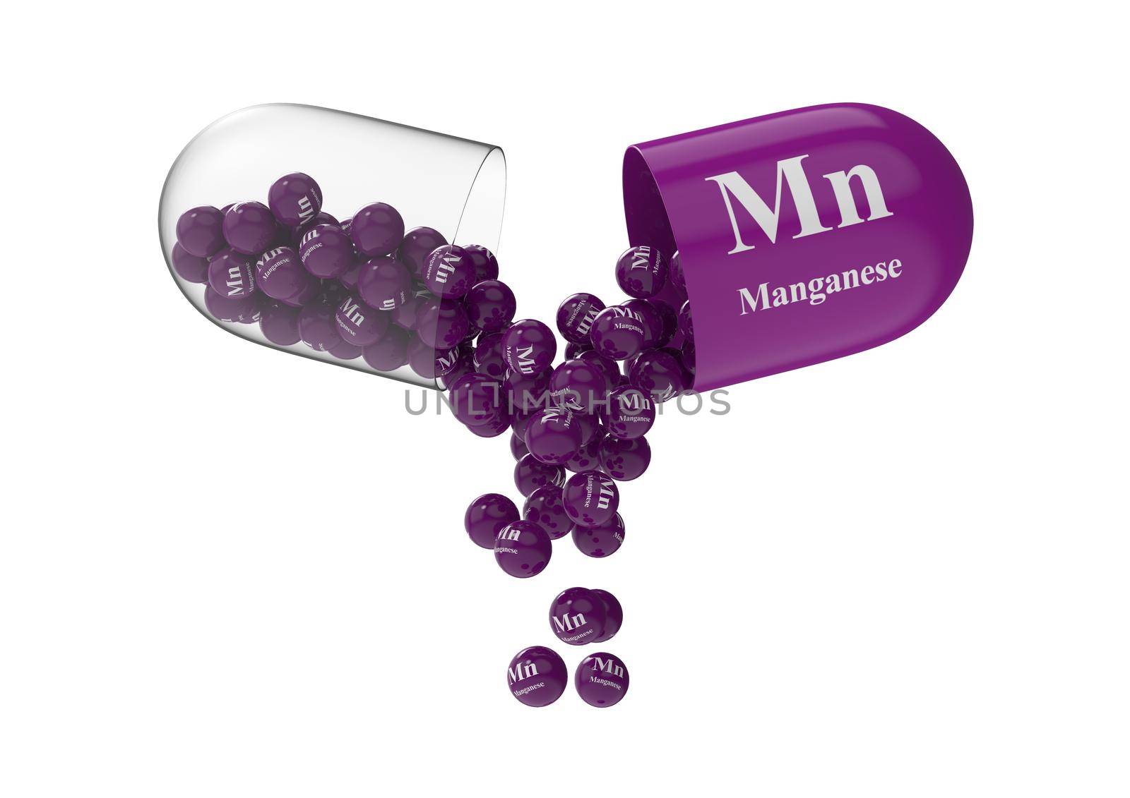 Open capsule with manganese from which the vitamin composition is poured. Medical 3D rendering illustration