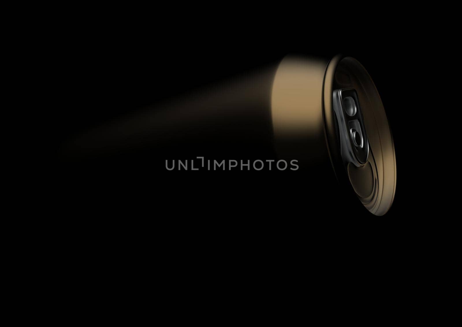 Golden soda can isolated on black. 3D rendering illustration by clusterx