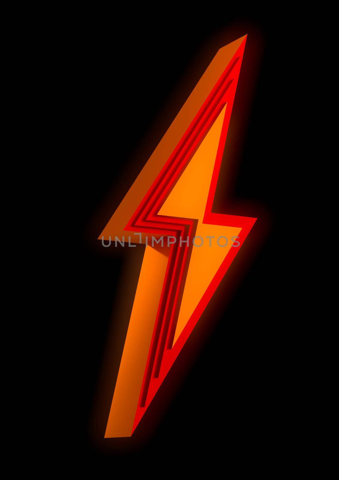 Orange beveled lightening bolt sign isolated on black background. Electricity and power symbol. 3D rendering, 3D illustration