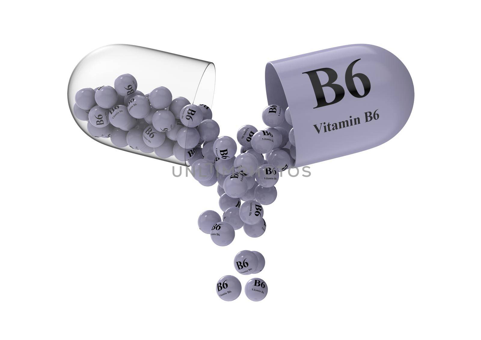 Open capsule with b6 from which the vitamin composition is poured. Medical 3D rendering illustration