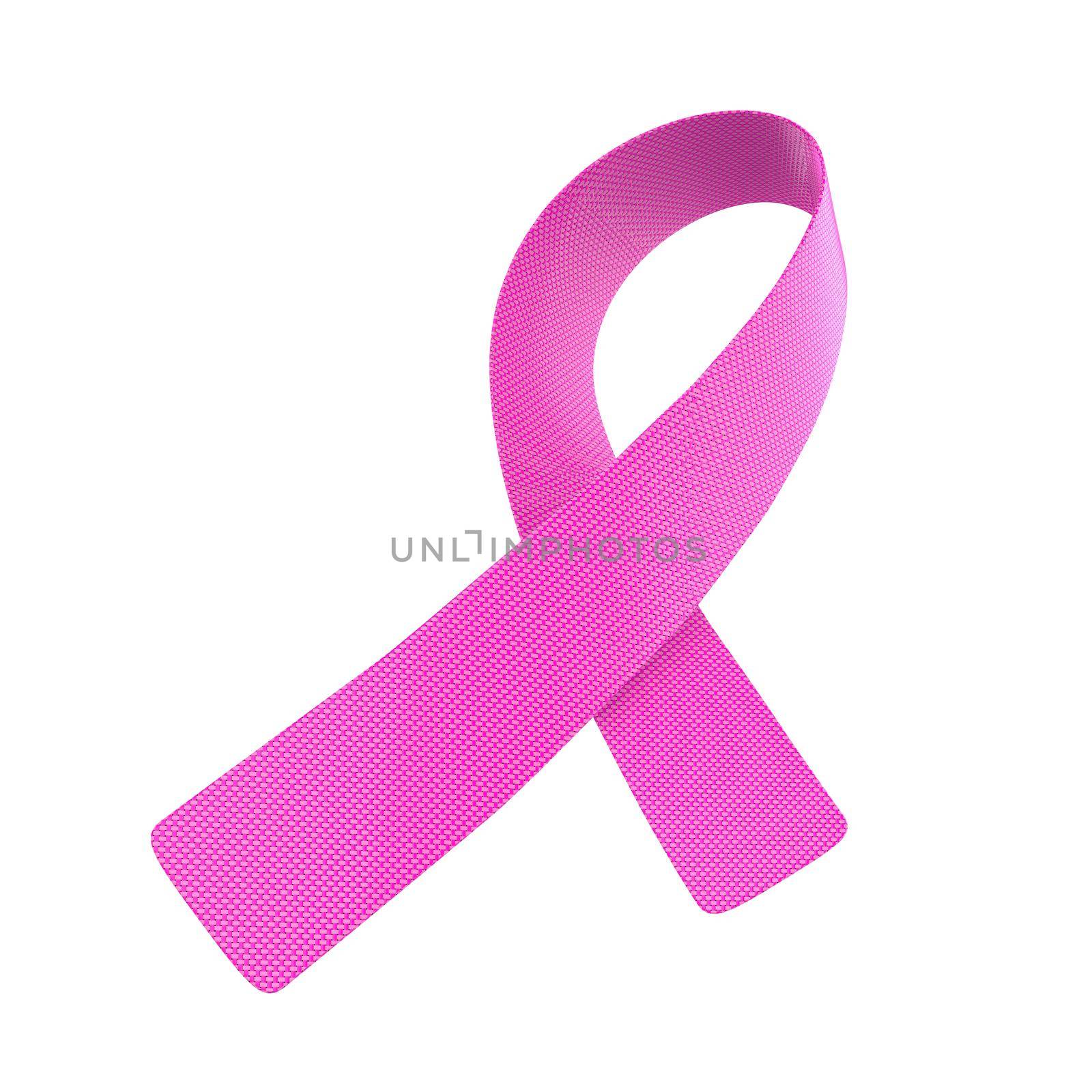 Pink textile Breast Cancer Ribbon isolated on white background. 3D rendering illustration