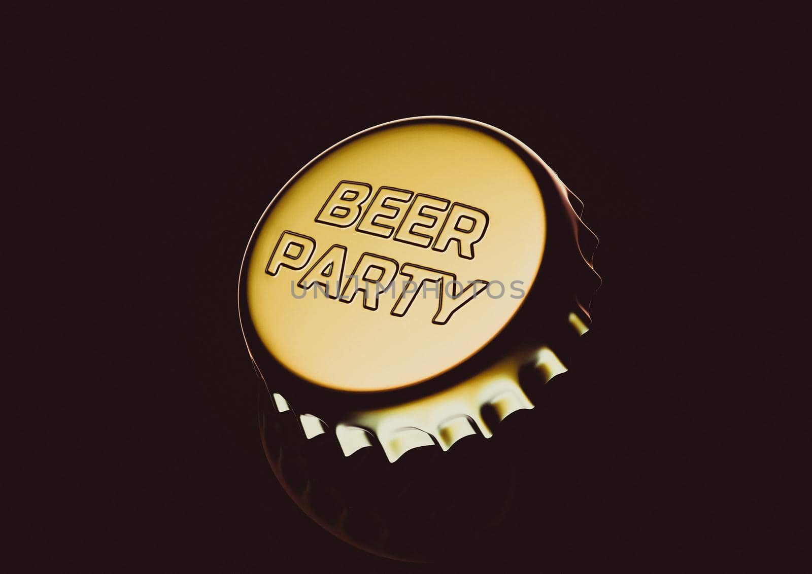 Beer bottle golden cap with beer party embossed lettering. 3D rendering illustration by clusterx