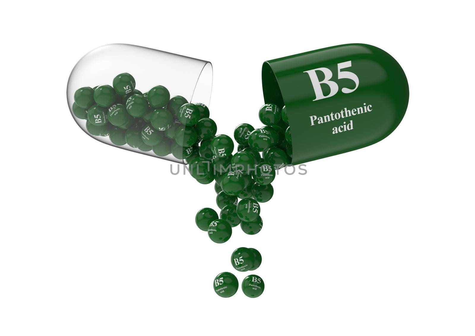 Open capsule with b5 pantothenic acid from which the vitamin composition is poured. Medical 3D rendering illustration
