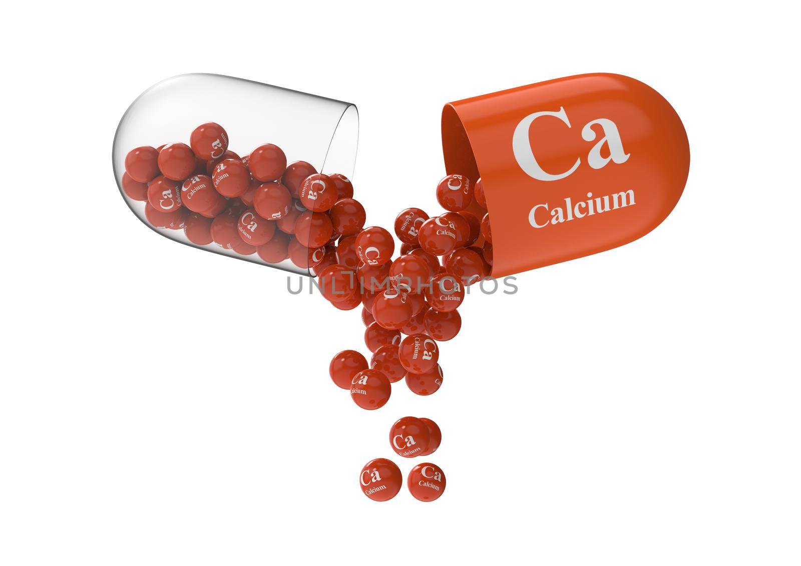 Open capsule with calcium from which the vitamin composition is poured. Medical 3D rendering illustration