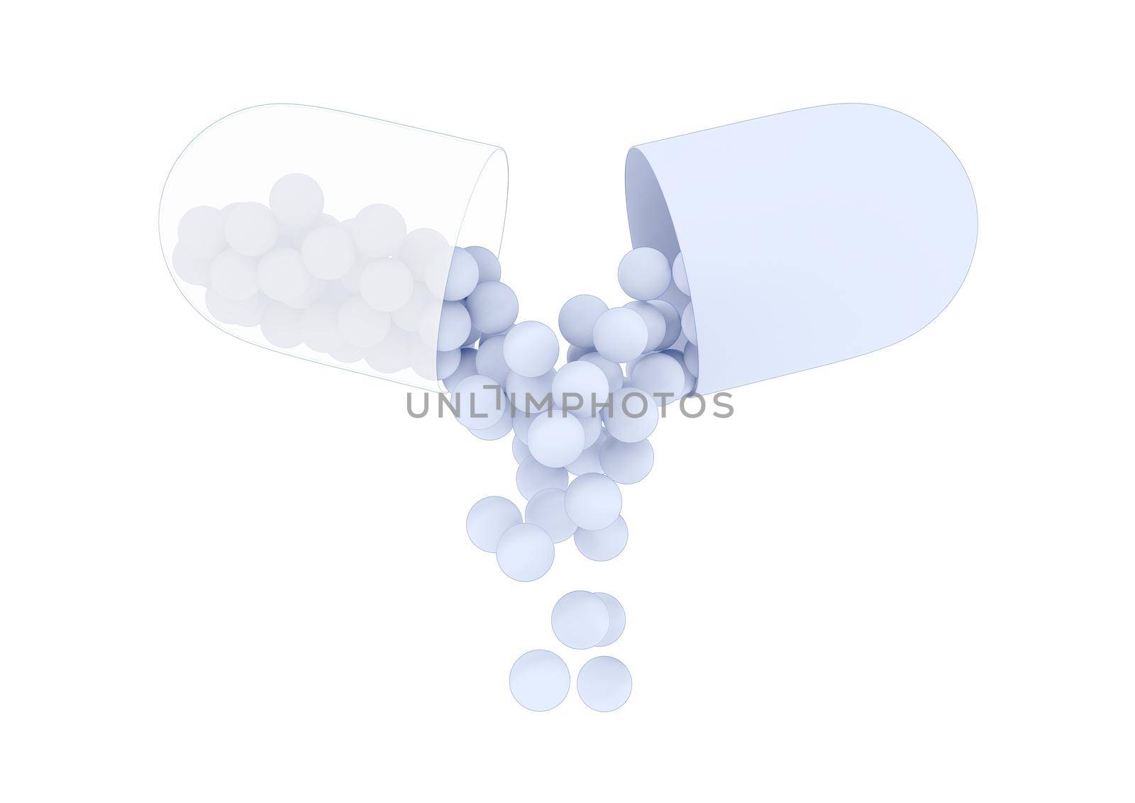 Blank open capsule from which the medicine or vitamin composition is pouring. Medical 3D rendering illustration in flat cartoon style