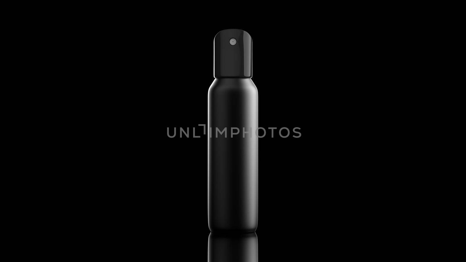 Black blank aluminum spray can on black background. The black template bottle spray for design. 3D rendering illustration