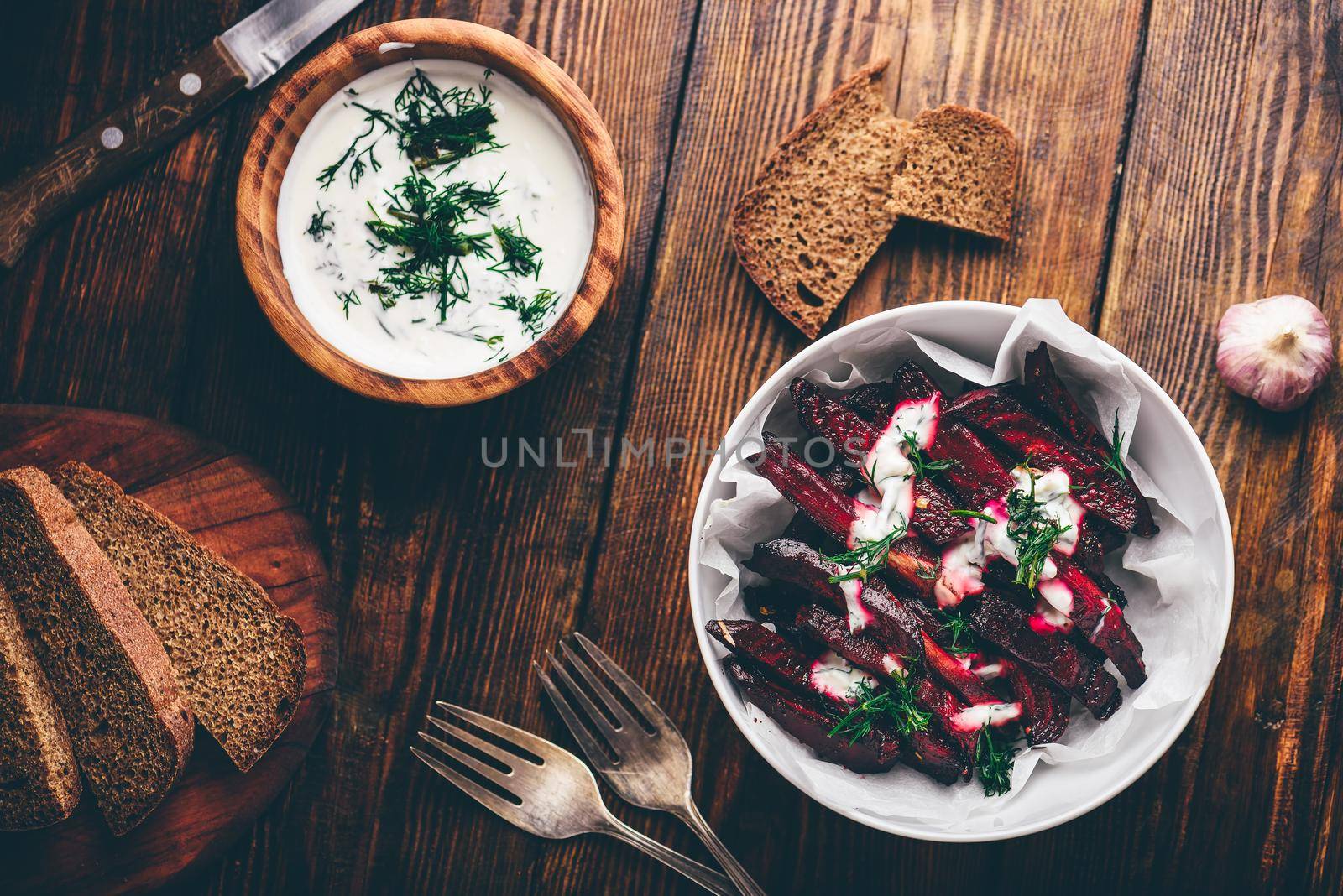 Baked beet fries with greek yogurt and dill by Seva_blsv