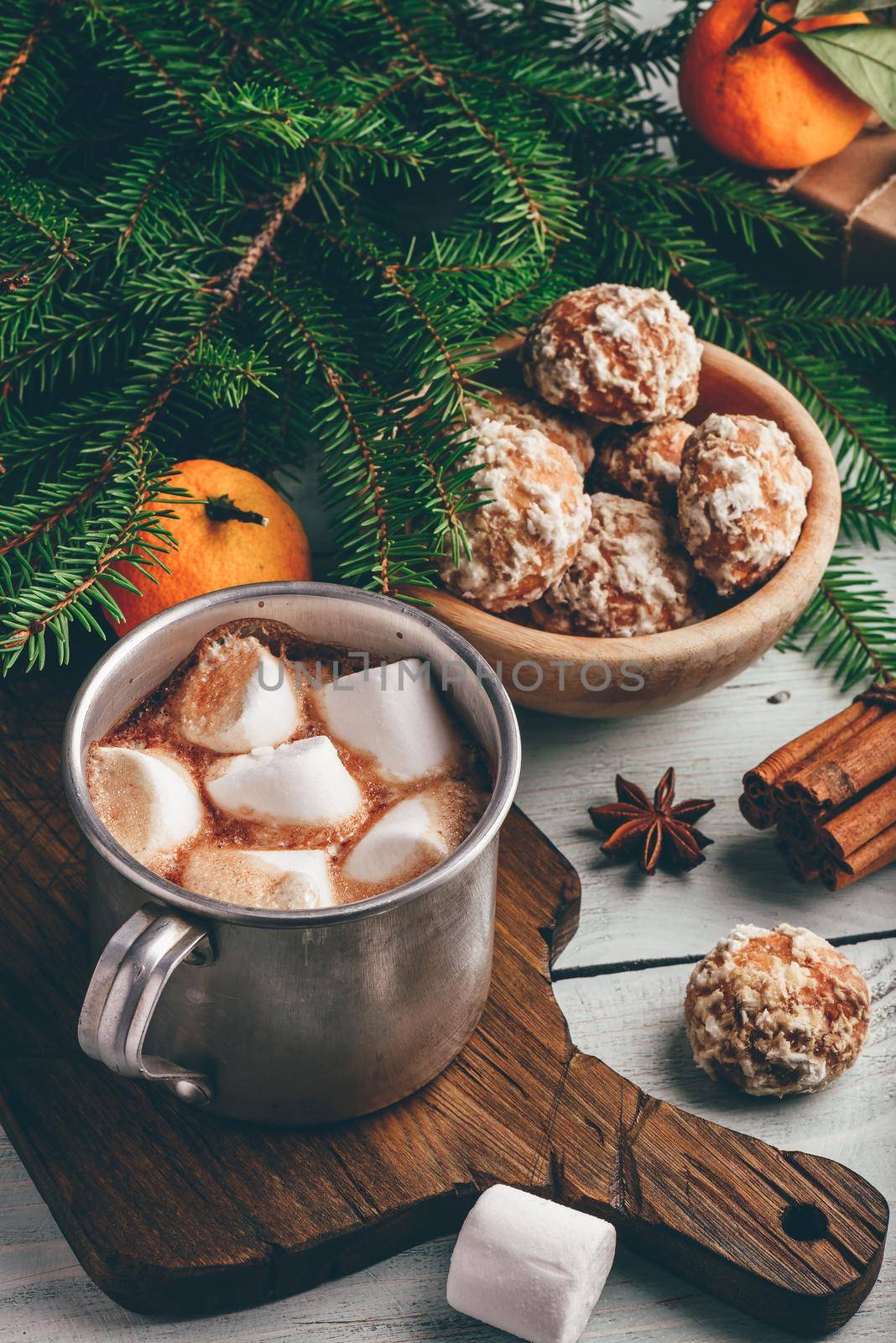 Rustic mug of hot chocolate with marshmallows by Seva_blsv