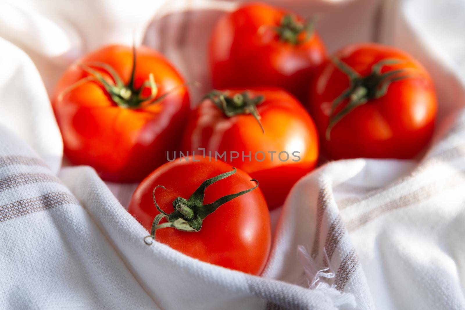 Ripe fresh red tomatoes in a linen towel under soft sunlight