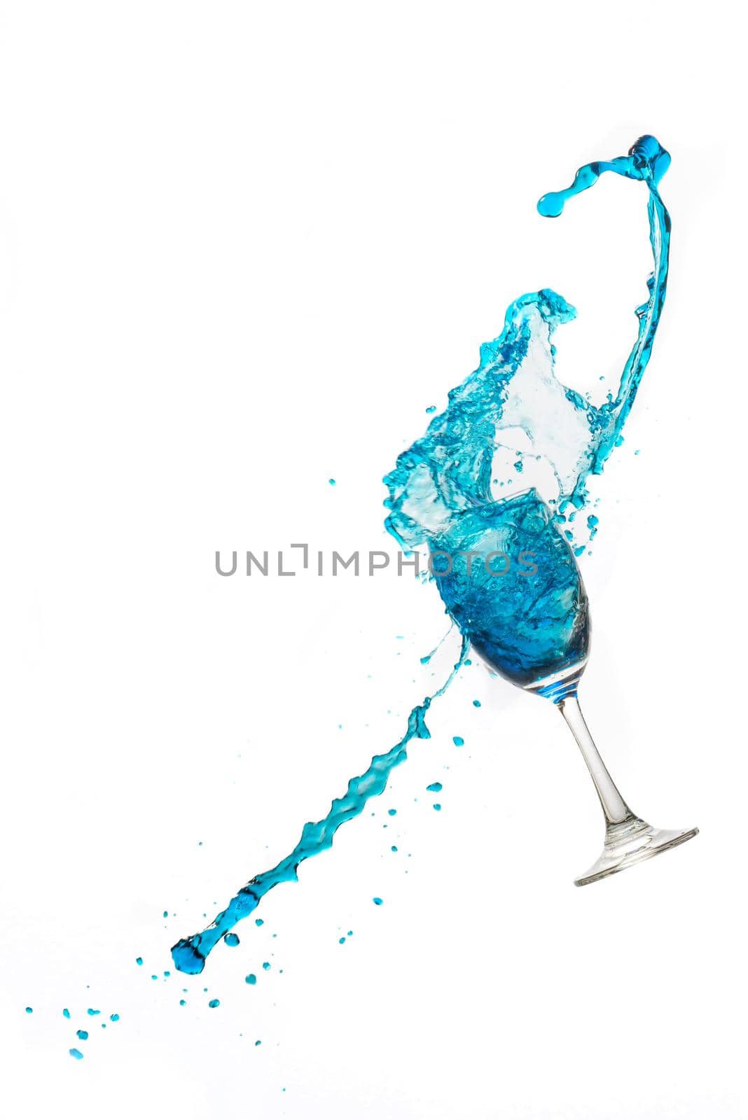 Wine glass on white background whit a blue water splash. by thanumporn