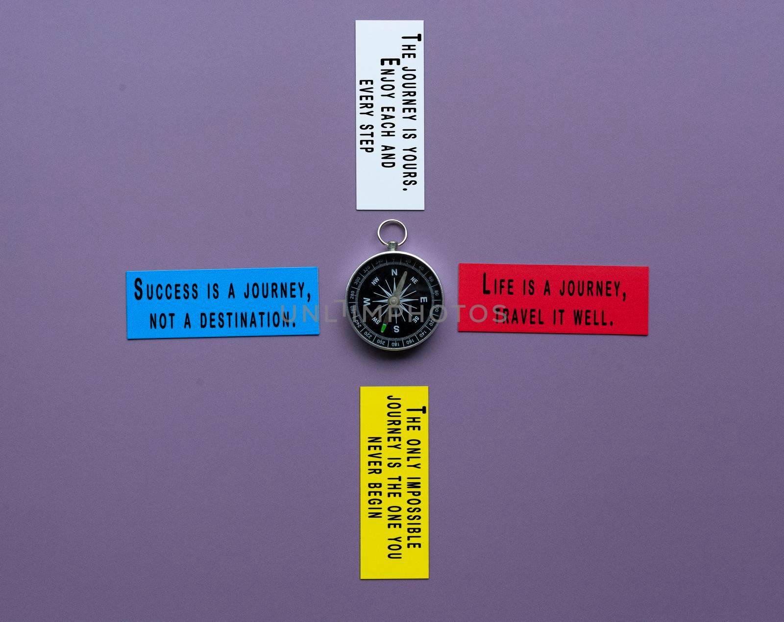 Text on colorful paper with classic round compass on purple background - Motivational quote about journey