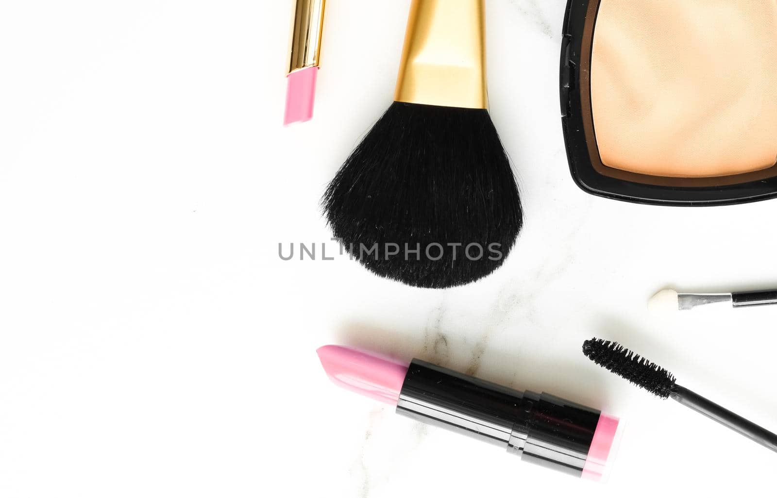 Make-up and cosmetics products on marble, flatlay background by Anneleven