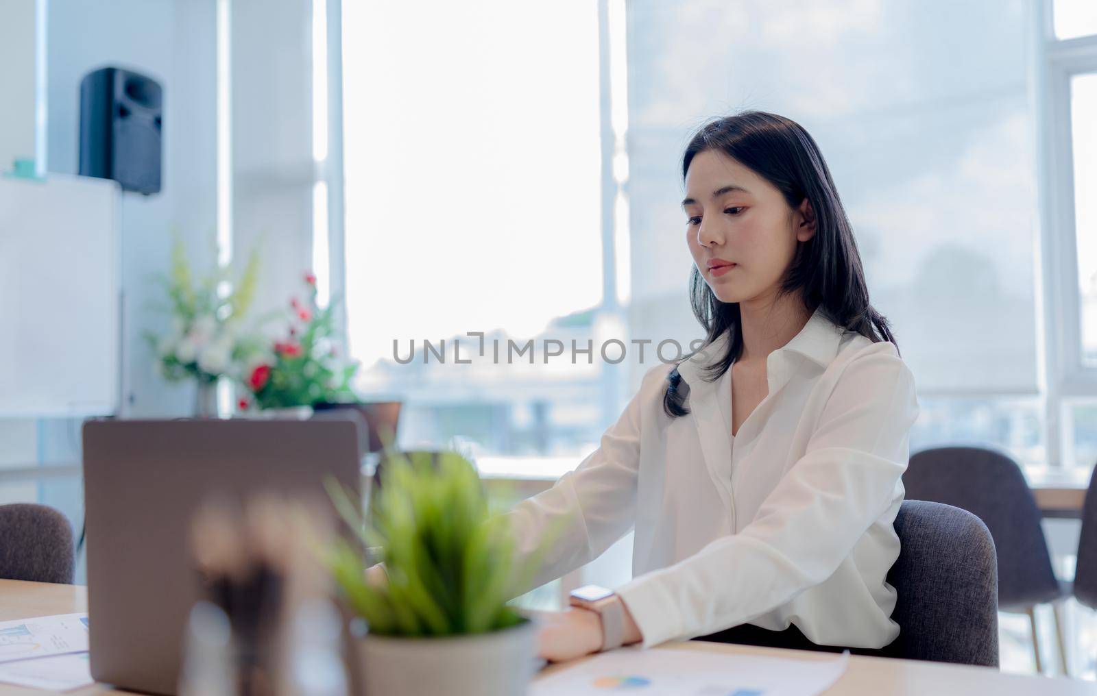 Portrait. Asian Young Woman working with laptop computer in her bright modern office. by pravinrus