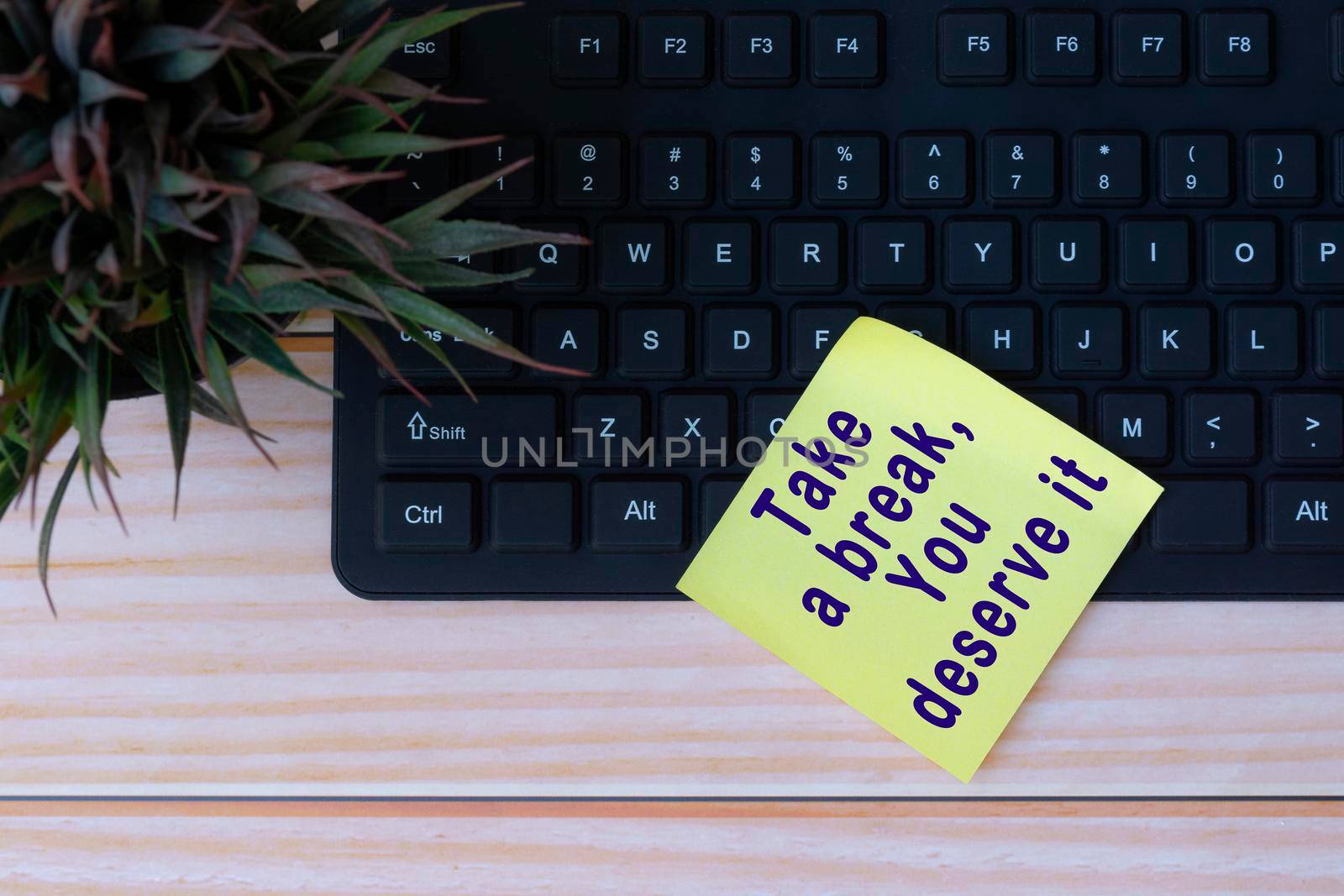 Text on yellow note with keyboard and potted plant on wooden table. Take a break, you deserve it