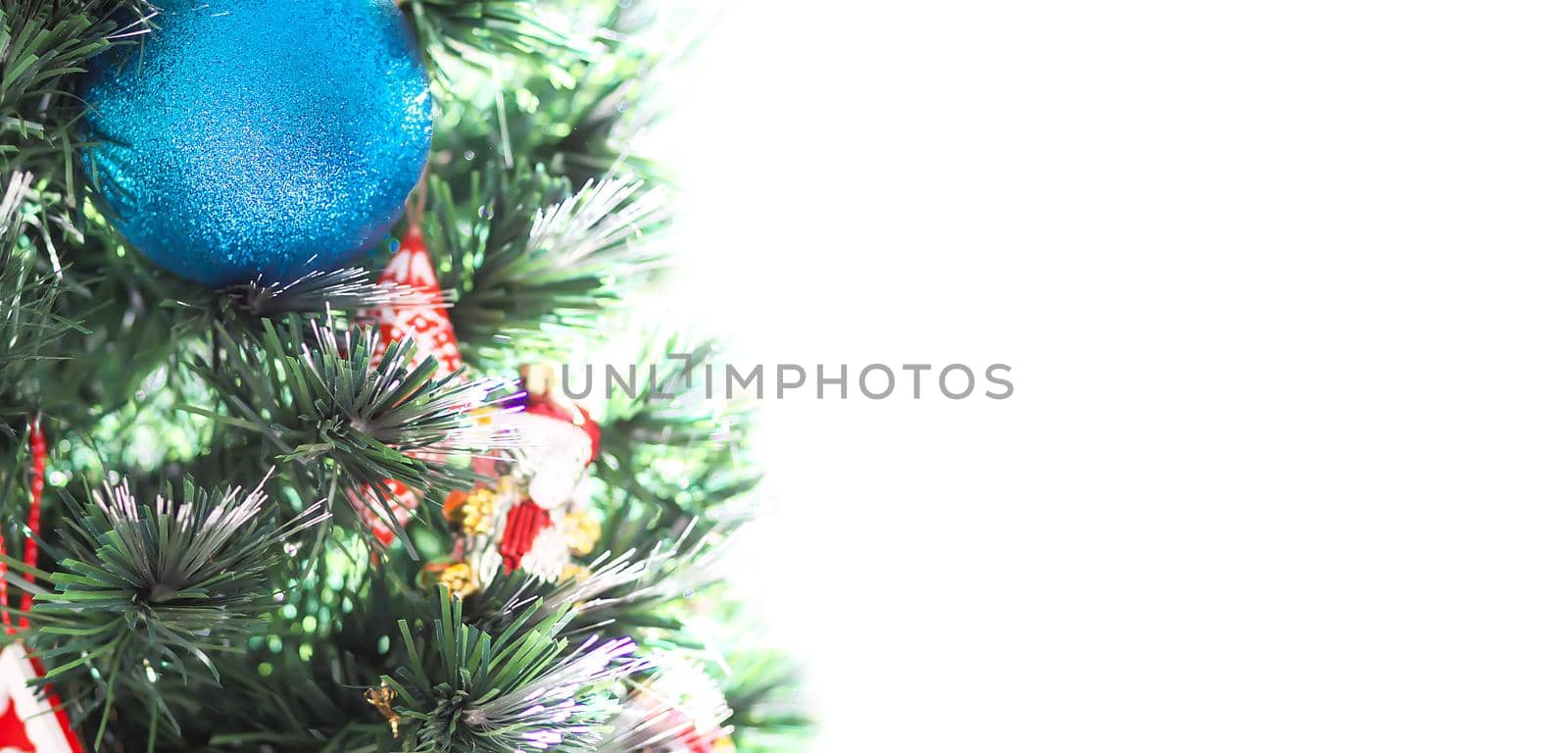 New Year poster, banner, card design. Decorated Christmas tree branches
