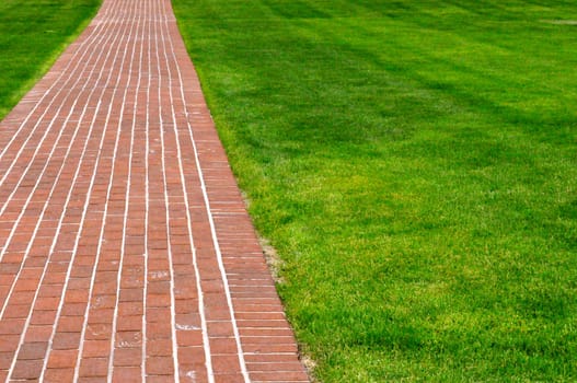 Brick pathway along green grass