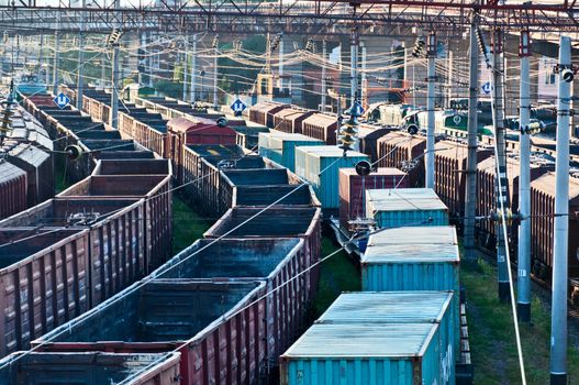 Trains of freight wagons in marshalling yard