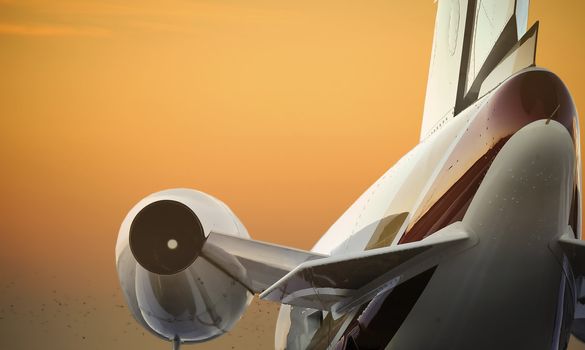 The aircraft is taking off toward the sunset.