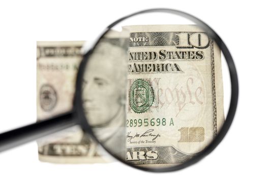 Image of a ten dollar bill with a magnifying glass inspecting the money 