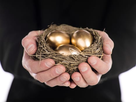 Close-up shot of a businessman holding nest in hands with golden eggs. Model: Winter Bourne