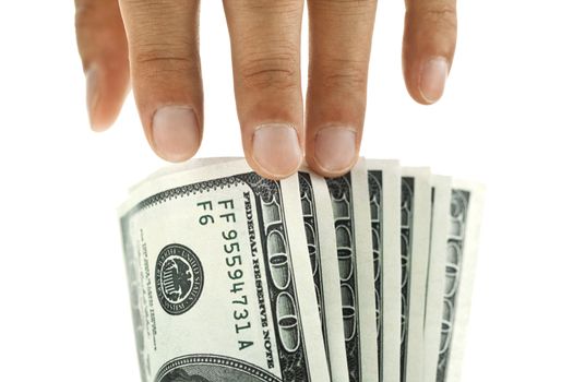 A horizontal image of a hand touching US money over the white background