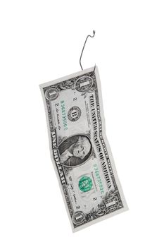 Close-up image of one dollar hanging on the fish hook over the white background