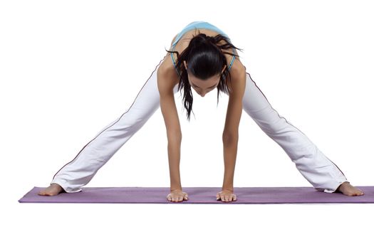 Image of female doing yoga-tic exercise against white background