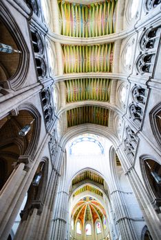 Ceiling and Interior view of Almudena cathedral, Madrid, Spain