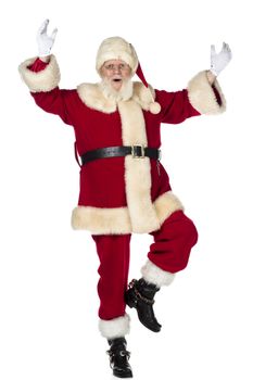 Close-up of Santa Claus dancing over white background