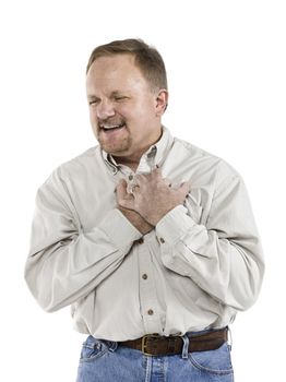 Image of aged man having heart ache against white background