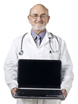 Close-up image of a male doctor with stethoscope and laptop smiling over the white background 