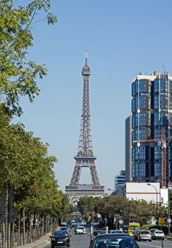 Parisian boulevard, the Eiffel Tower in target (Paris France)