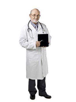  Portrait image of a senior male doctor holding and showing his touch pad tablet against white background