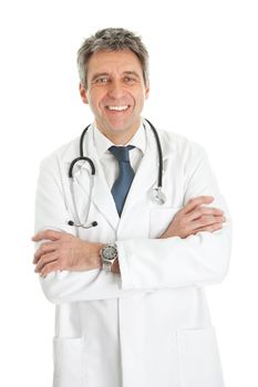 Smiling medical doctor man with stethoscope. Isolated on white