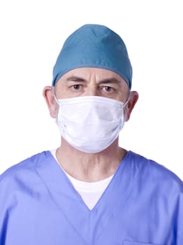 Portrait of old nurse wearing face mask against white background