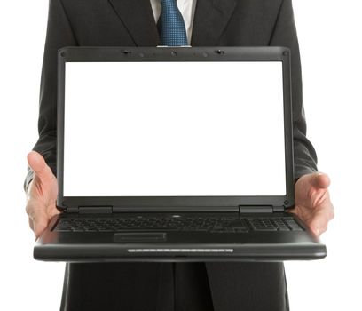 Close-up of business man presenting laptopn. Isolated on white
