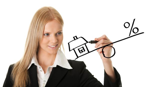 Businesswoman drawing a mortgage illustration. Isolated on white