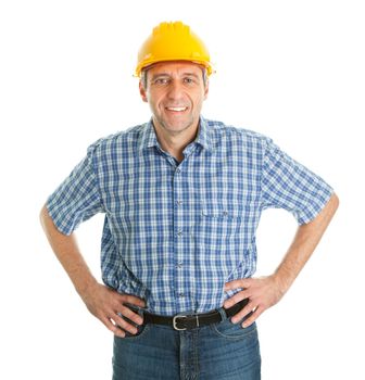 Confident worker wearing hard hat. Isolated on white