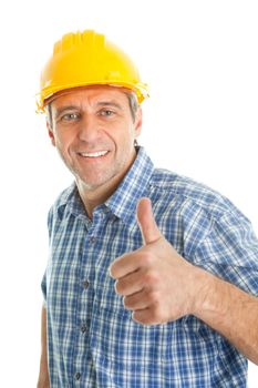 Confident worker wearing hard hat. Isolated on white