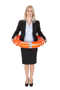 Beautiful businesswoman with life buoy. Isolated on white