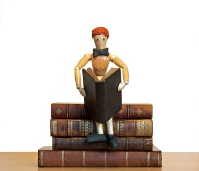 reader, wooden chap, sat on a pile of books