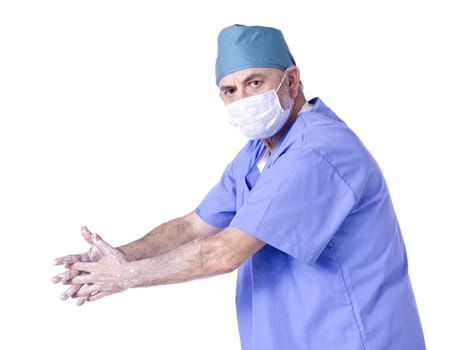  Image of male nurse washing his hands against white background