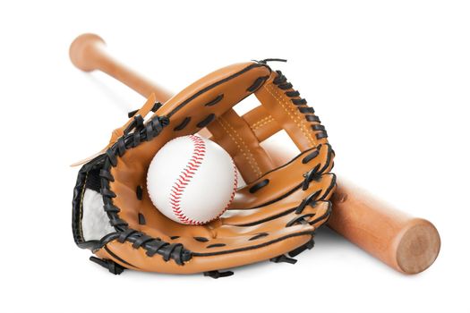 Leather glove with baseball and bat isolated over white background