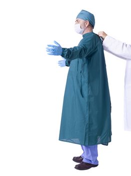 Male nurse on his emergency operation uniform against white background