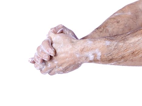 Close up image of a surgeon washing his hands isolated on